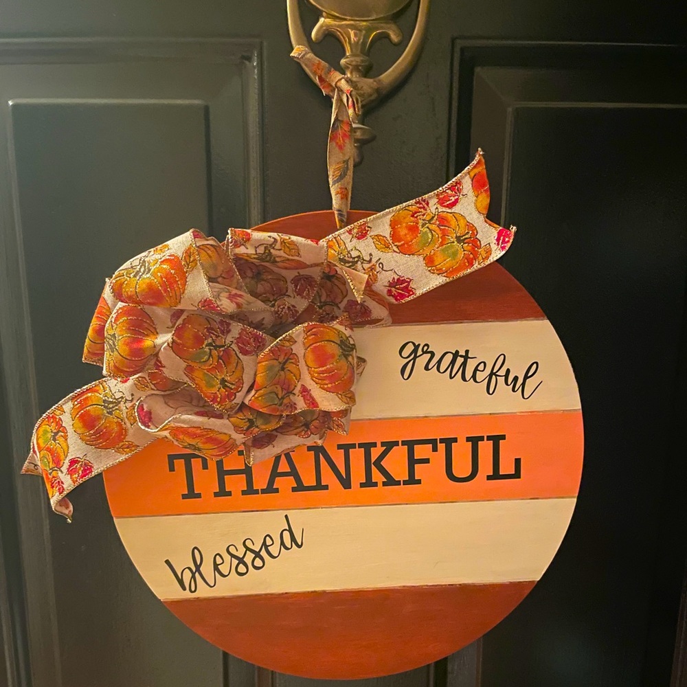 Thanksgiving Door Hanging, Grateful, Thankful & Blessed, Wood Wreath